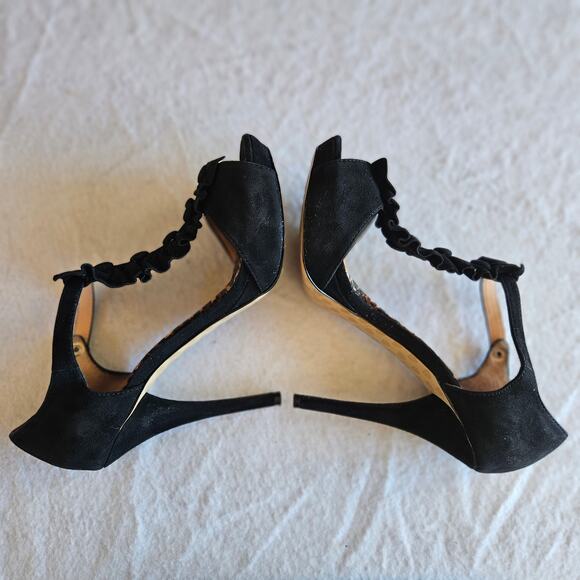 Betsey Johnson Black Suede Stiletto Heels Size 7.5M Ruffle Straps Peep Toe - Picture 5 of 12